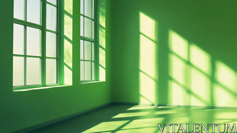 Sunlit green interior corner with tall rectangular windows.