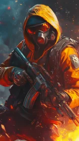 Hooded firebrand soldier framed in sparks and smoke.