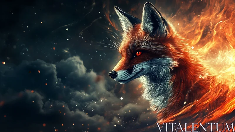 Fox head emerges within stylized fire against dark clouds