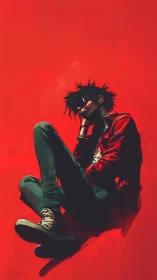 Red horizons cradle a slouched dreamer lost in noise