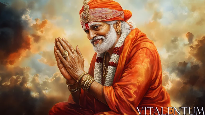 Devotional portrait of elderly guru in orange robes praying