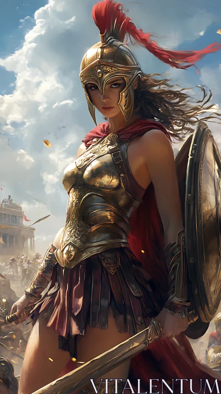 Hoplite commander in ornate bronze panoply amidst battlefield.