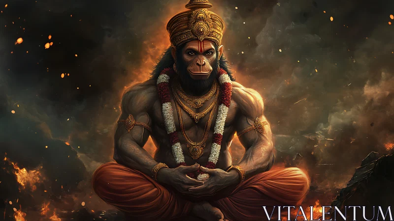 Hanuman in fiery meditation radiates divine strength and calm.