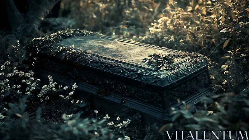 Ornate stone coffin in overgrown twilight cemetery garden.