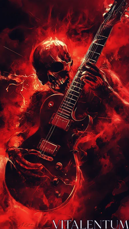 Fiery skeleton guitarist shredding in swirling red smoke.