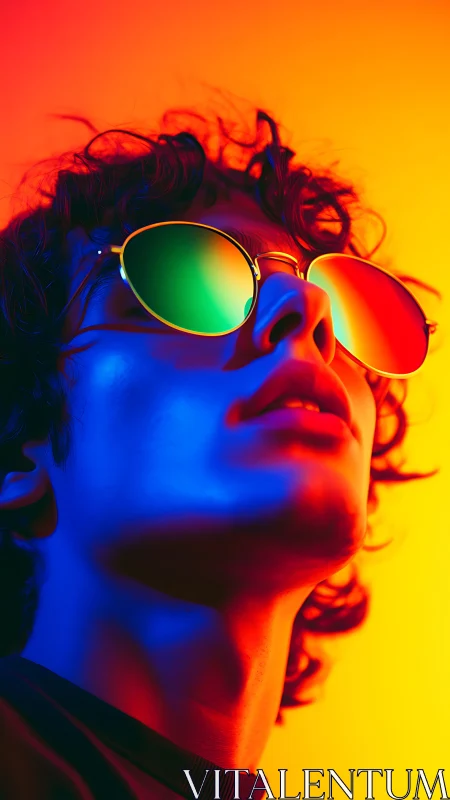 Neon lit daydreamer in rainbow sunglasses and bold color glow.