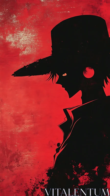 Silhouetted hat-wearing figure on textured red ground.