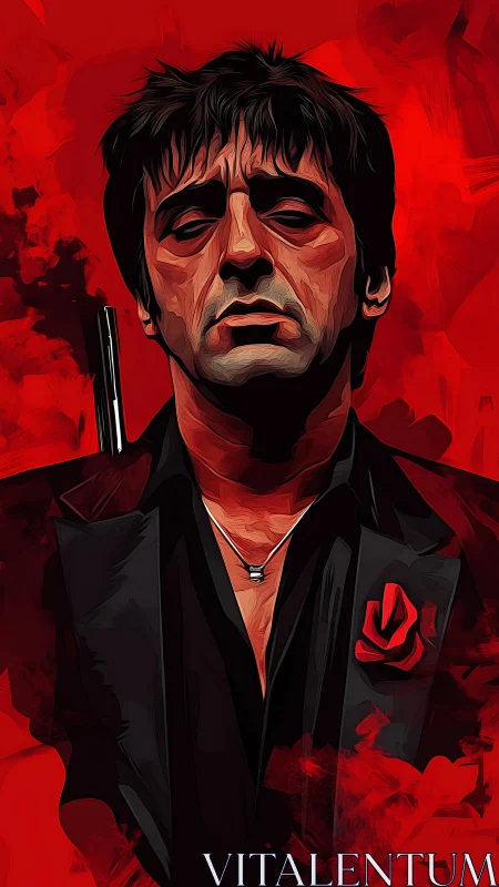 Stylized portrait of solemn man in dark suit on red field.