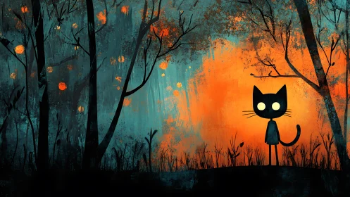 Black cat silhouette in glowing orange and teal forest scene.