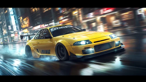 Yellow tuned coupe drifting on wet urban street at night.