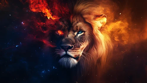Bifurcated cosmic lion portrait with asymmetric fiery nebular mane