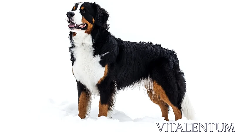 Bernese mountain dog standing alert in deep winter snow.