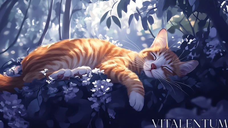 Ginger Tabby Cat Resting Among Violet Hydrangea Flowers in Dappled Sunlight