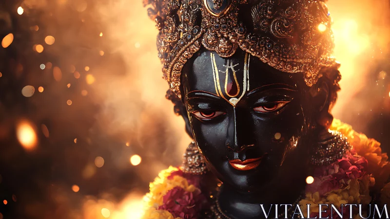 Divine black deity idol glows amid golden ritual light.