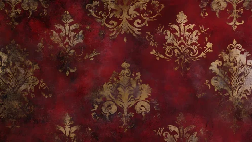 Baroque damask flourishes on distressed crimson ground.