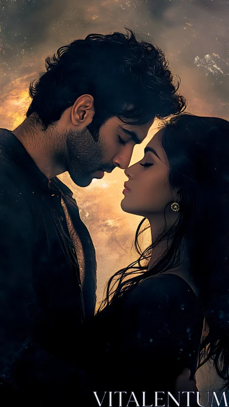 Silhouetted couple in intimate proximity with golden luminescence.