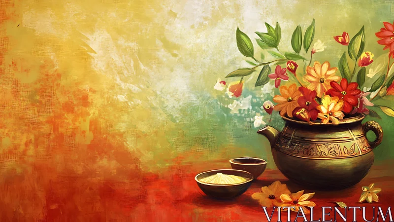 Vintage brass teapot still life with floral bouquet on gradient ground.