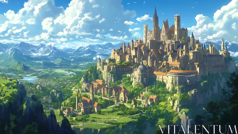 Sunlit cliffside kingdom above sprawling emerald valley.
