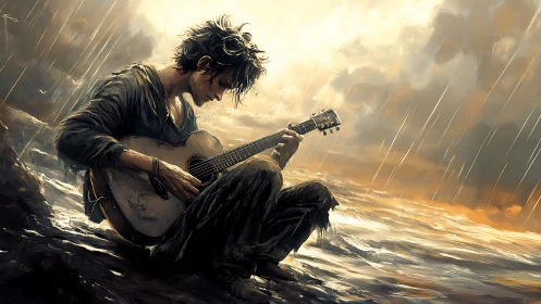 Solitary guitarist plays through stormlight by the sea
