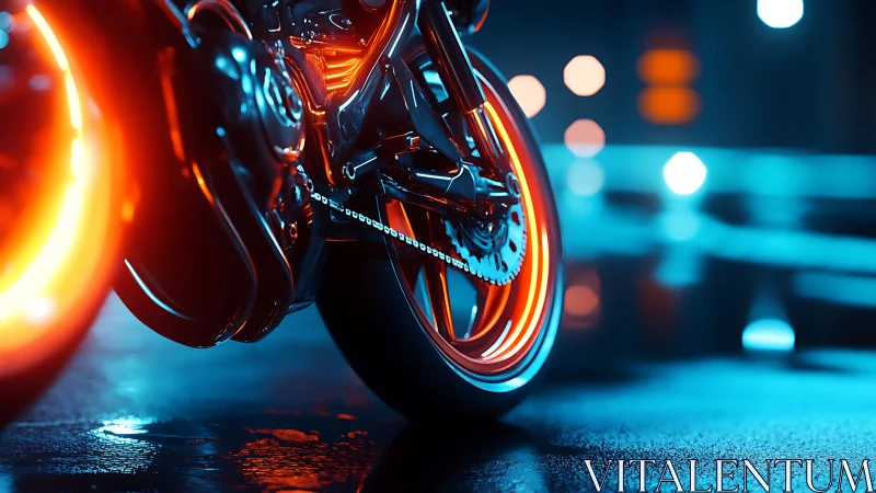 Neon-illuminated sport motorcycle rear wheel in wet urban night.