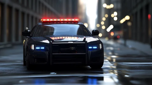 Rain-slick patrol car blazes through a brooding city street.