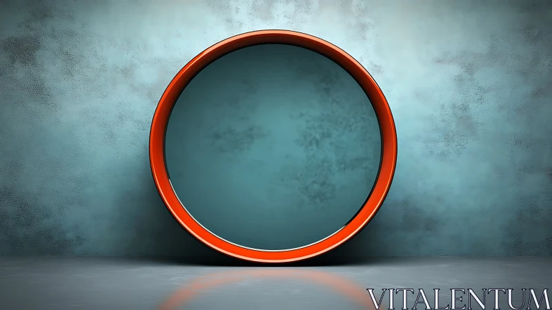 Minimalist orange ring sculpture rests in cool teal space