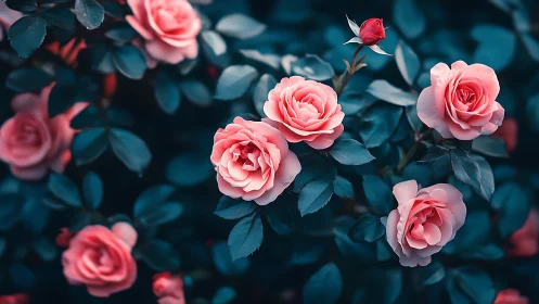 Coral Roses Against Teal Foliage in Soft Light.
