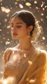 Golden petals drift as a quiet bridal daydream blooms