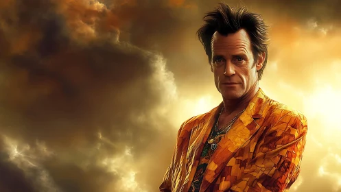 Confident man in fiery sky exudes bold cinematic energy