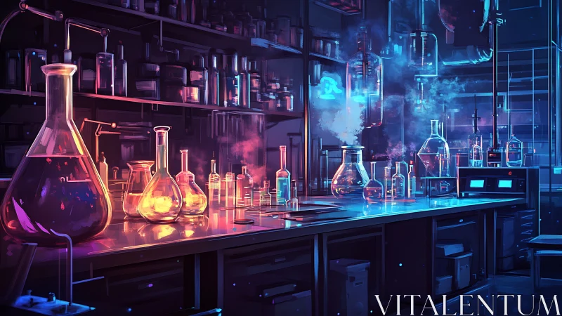 Digital illustration shows a laboratory bench with glassware