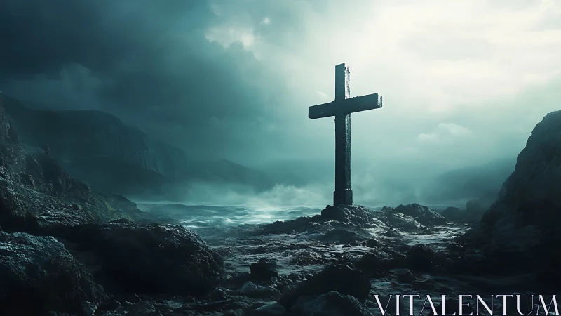Solitary cross on storm-lashed shore under teal tempest sky.