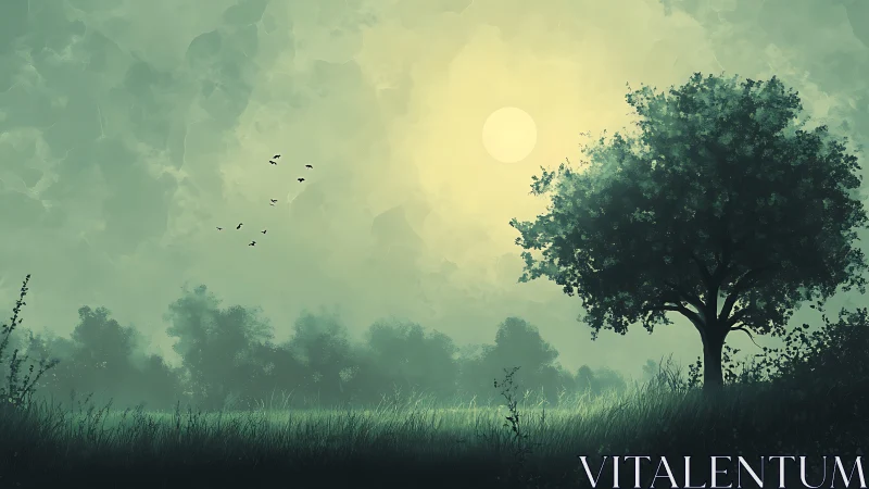 Solitary tree anchors misty meadow at pale sunrise