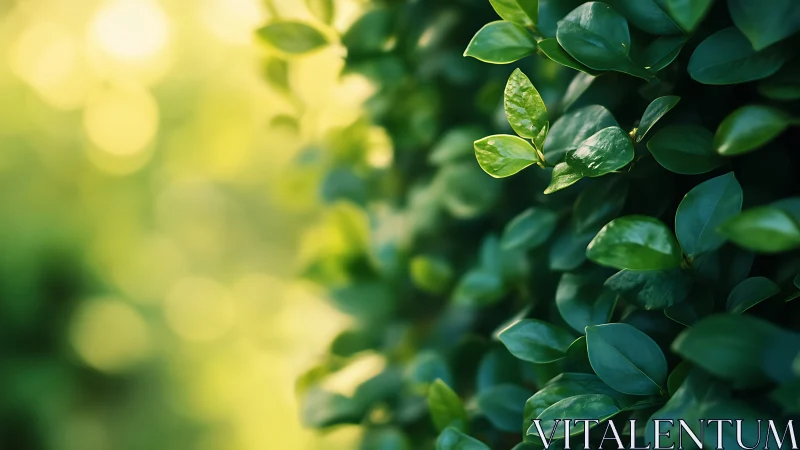Sunlit hedge leaves form vibrant green natural background
