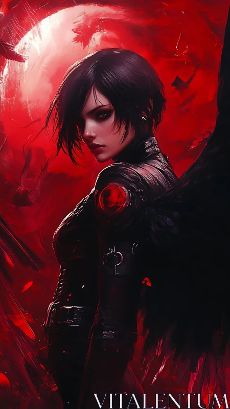 Winged figure in black attire against red abstract field.