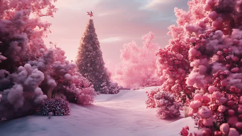 Dreamy pink winter path leads toward a glowing festive tree