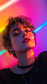 Portrait of youth under vivid neon rainbow light streaks