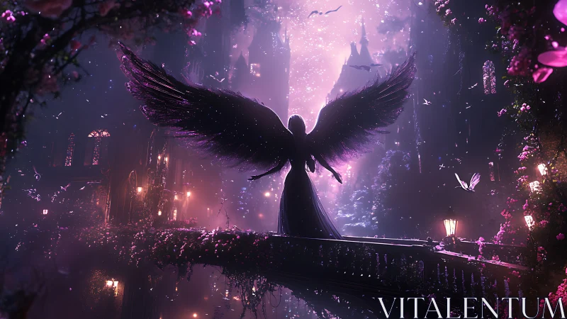 Winged figure on bridge in luminous fantasy cityscape.