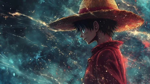 Starlit straw-hatted drifter slices through a cosmic gale