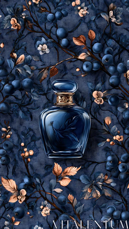 Midnight glass perfume nestles in a tapestry of blue berries