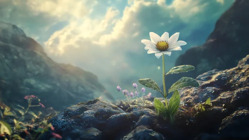 Digital painting of alpine white flower in luminous valley focus.