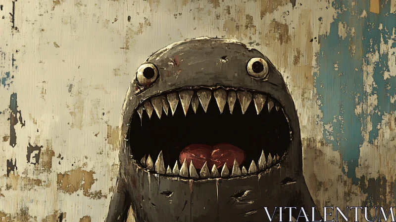 Grim cartoon monster roars against a peeling wall backdrop.