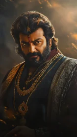 Regal warrior portrait with layered jewelry and cinematic rim lighting