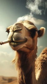 Camel close-up holding lit cigarette in desert scene.