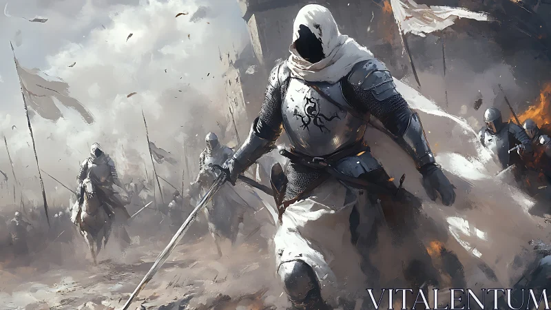 Hooded knight leads armored charge through burning siege field