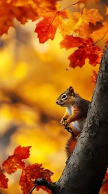 Autumn lookout squirrel among glowing maple firelight leaves.