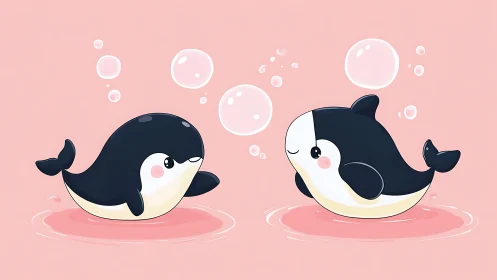 Playful baby orcas sharing bubbly fun in soft pink water.