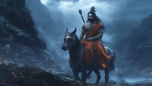 Stormlit warrior sage on horseback crossing misty peaks.