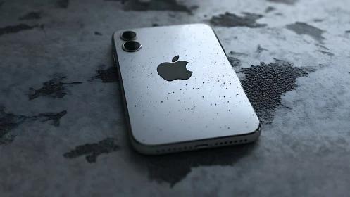 White iPhone Device With Dual Camera System on Textured Stone Surface.