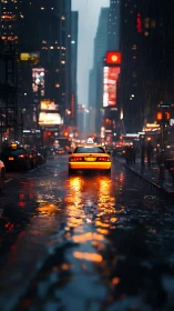 Yellow city taxi driving through rainy neon street at night.