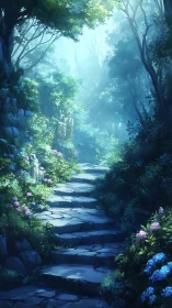 Luminous Forest Pathway with Stone Steps Through Misty Woodland Canopy